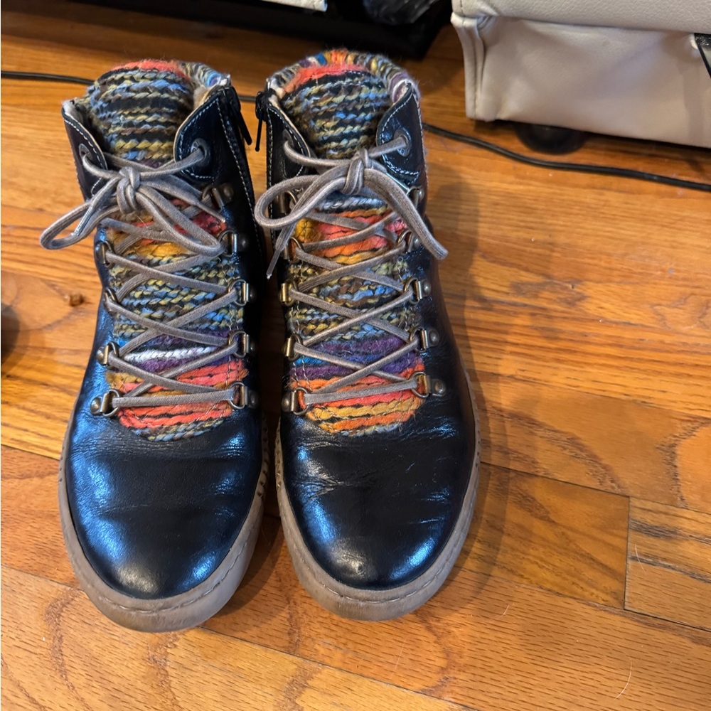 Colorful Knit and Black Leather Boots